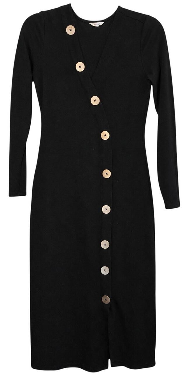 Springfield Black Long Sleeve Dress Asymmetric Tan Button Detail